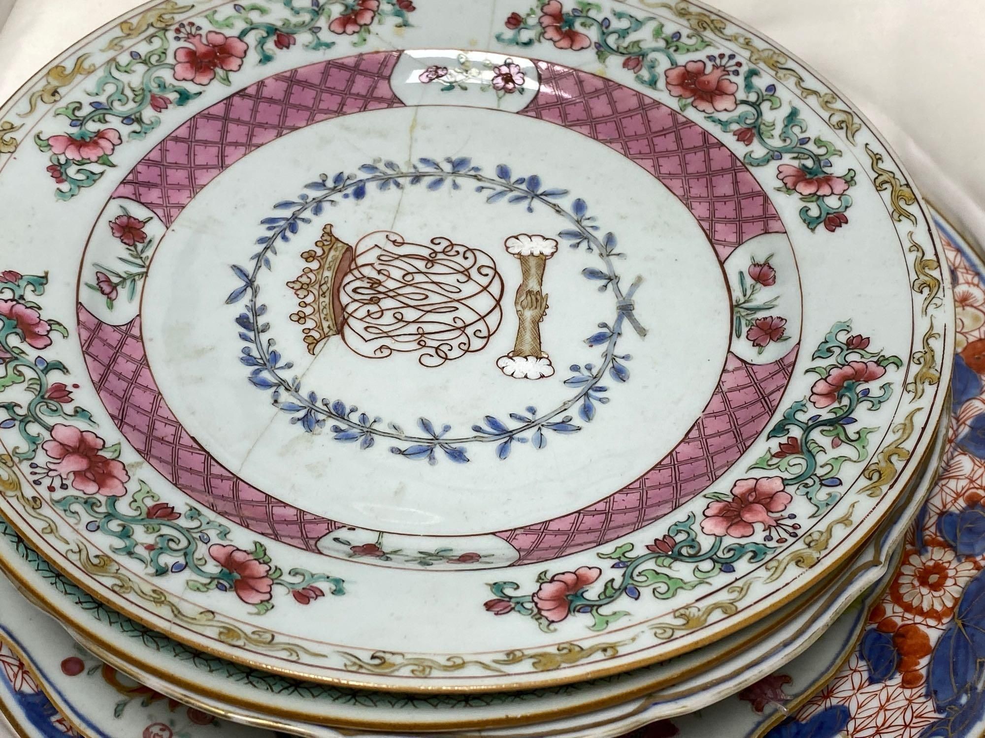 Three Chinese pseudo tobacco leaf plates and other 18th century Chinese export plates